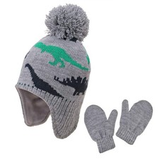 Hats and Gloves Set For Kids Toddler Baby Knit 2-4T, Dinosaur-green/Grey/Cyan