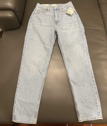 H&M High Waisted Mom Jeans, Light Blue, Rose Gold Buttons, New, Size 4