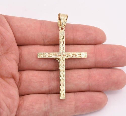 2.5" Filigree Jesus Christ Crucifix Cross Pendant Real 10K Yellow White Gold - Picture 5 of 6