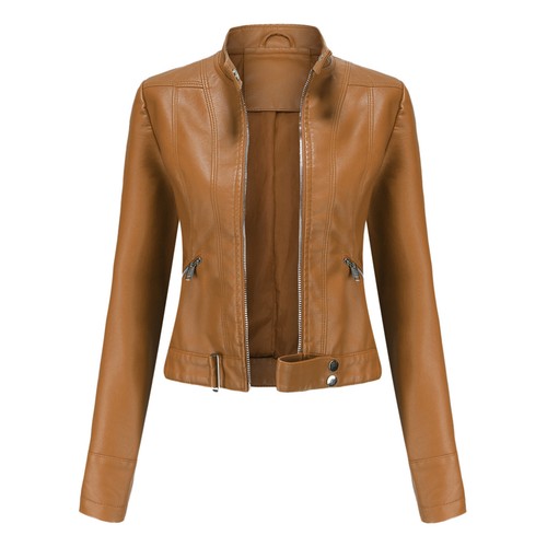 Neu Purecolor schmaler kapuzenloser einreihiger Stehkragen Ledermantel für Damen - Bild 16 von 33