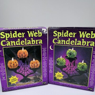 Vintage Fun World Spider Web Candelabra Candles Creepy Halloween Decoration NOS