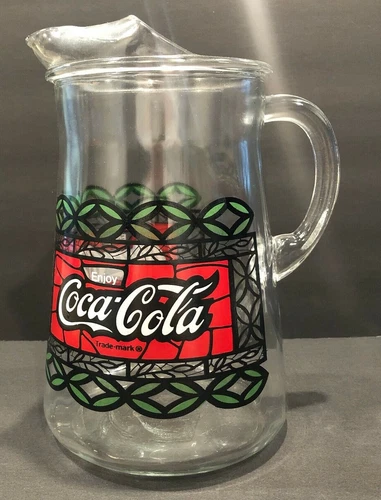 Vintage Coca Cola Serving Pitcher Stained Glass Pattern Red Green White Clear