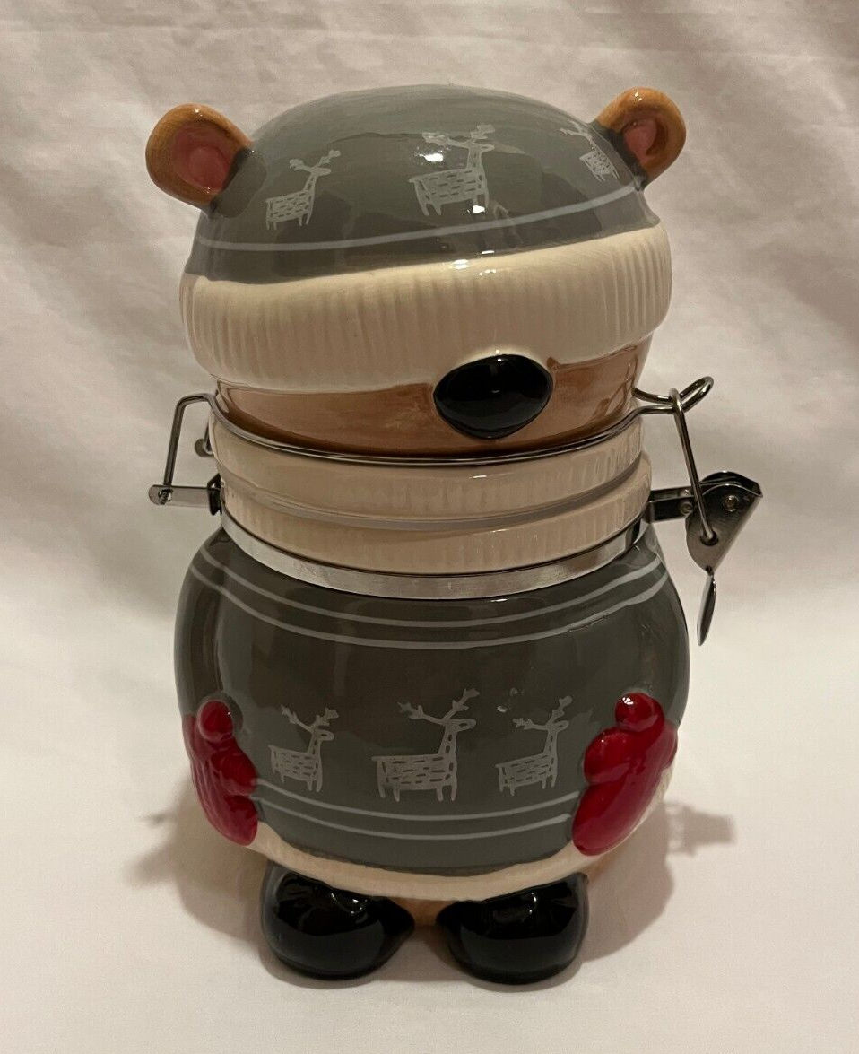 Swiss Miss Hot Cocoa Ceramic Bear Gray Sweater Deer Hinged Lid Jar