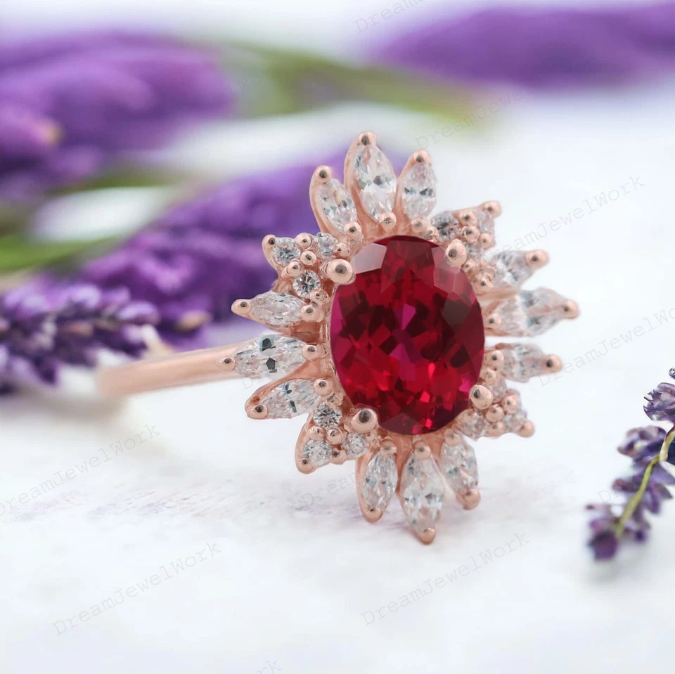 14k Yellow Gold 8x6 MM Oval Shaped Natural Ruby Ring Cubic Zirconia Halo Ring - Image 3 of 4