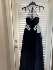 DJ-JAZ Women Formal Evening Prom Party Dress-Navy W/Silver Design Long Size 5