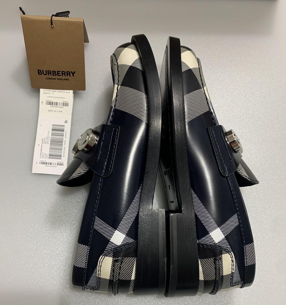 Burberry バーバリー カフ 黒 シルバー Burberry Broadbrook Women Check Dark Charcoal Blue Loafer Sz