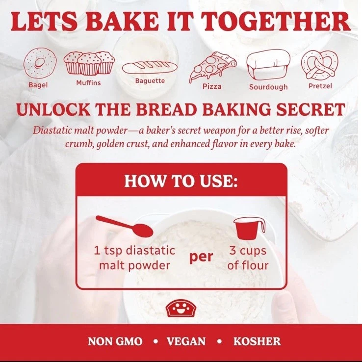 Polvo de malta diastática de 10 oz - Mejora el sabor, la corteza, el aumento, la textura Bakers Club Foto 3 de 4