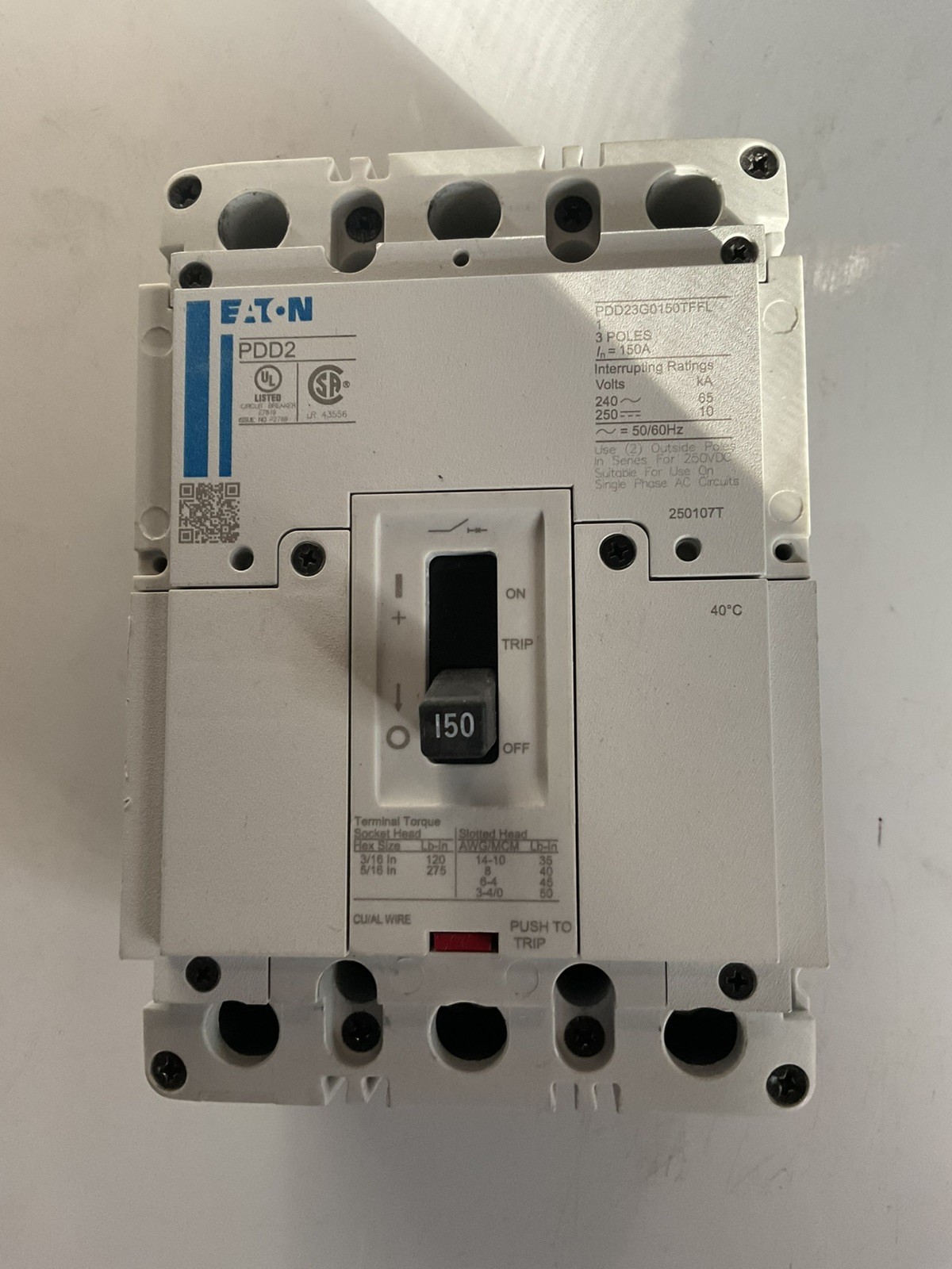 EATON PDD23G0150TFFL Circuit Breaker, 150 A, 240VAC, 3 Poles