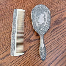 Vintage Vanity Brush and Comb Set Silver Plated Scroll Floral Design