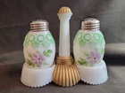 Antique Victorian EAPG milk glass hand-painted salt & pepper shakers on stand