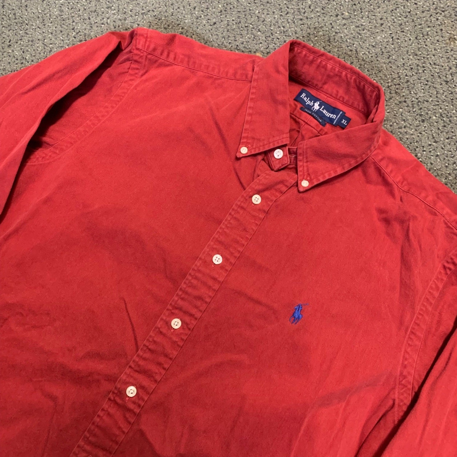 Ralph Lauren Mens XL Red Button Down Shirt Long Sleeve Cotton Twill Blue Pony