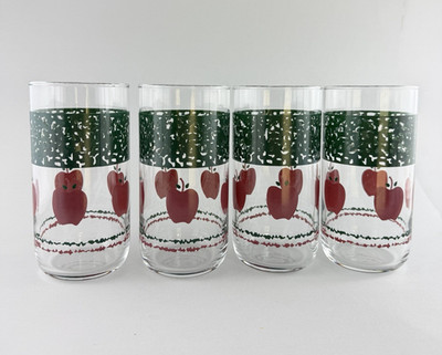 Set 4 VTG Libbey Red Apple Tea Water Glasses Green Sponge Design 16 Oz Cottage