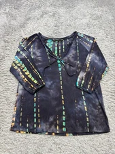 Love Stitch Top Women Small Black Artsy Geometric 3/4 Sleeve V Neck Whimsy Tunic
