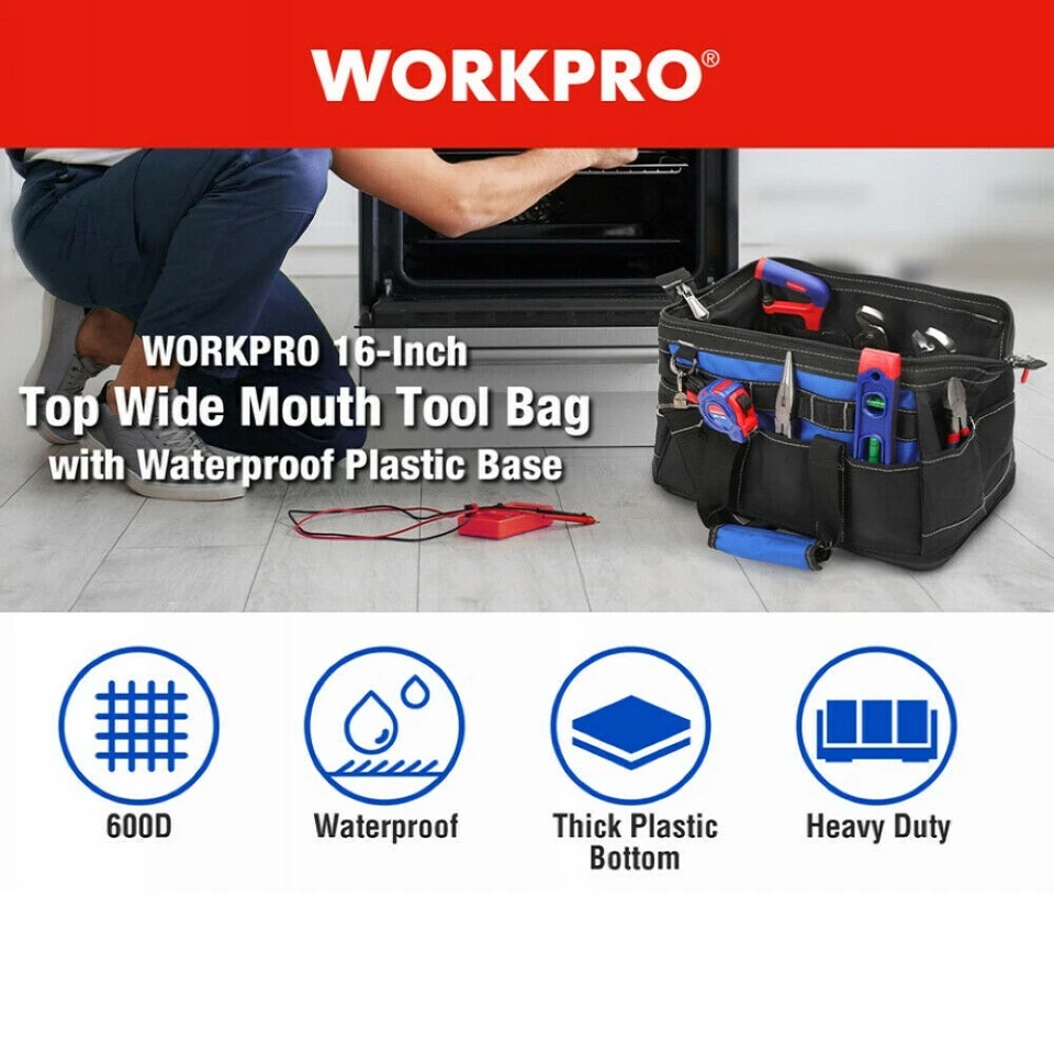 WORKPRO 16-inch Wide Mouth Tool Bag with Water Proof Molded Base - image 2 of 4