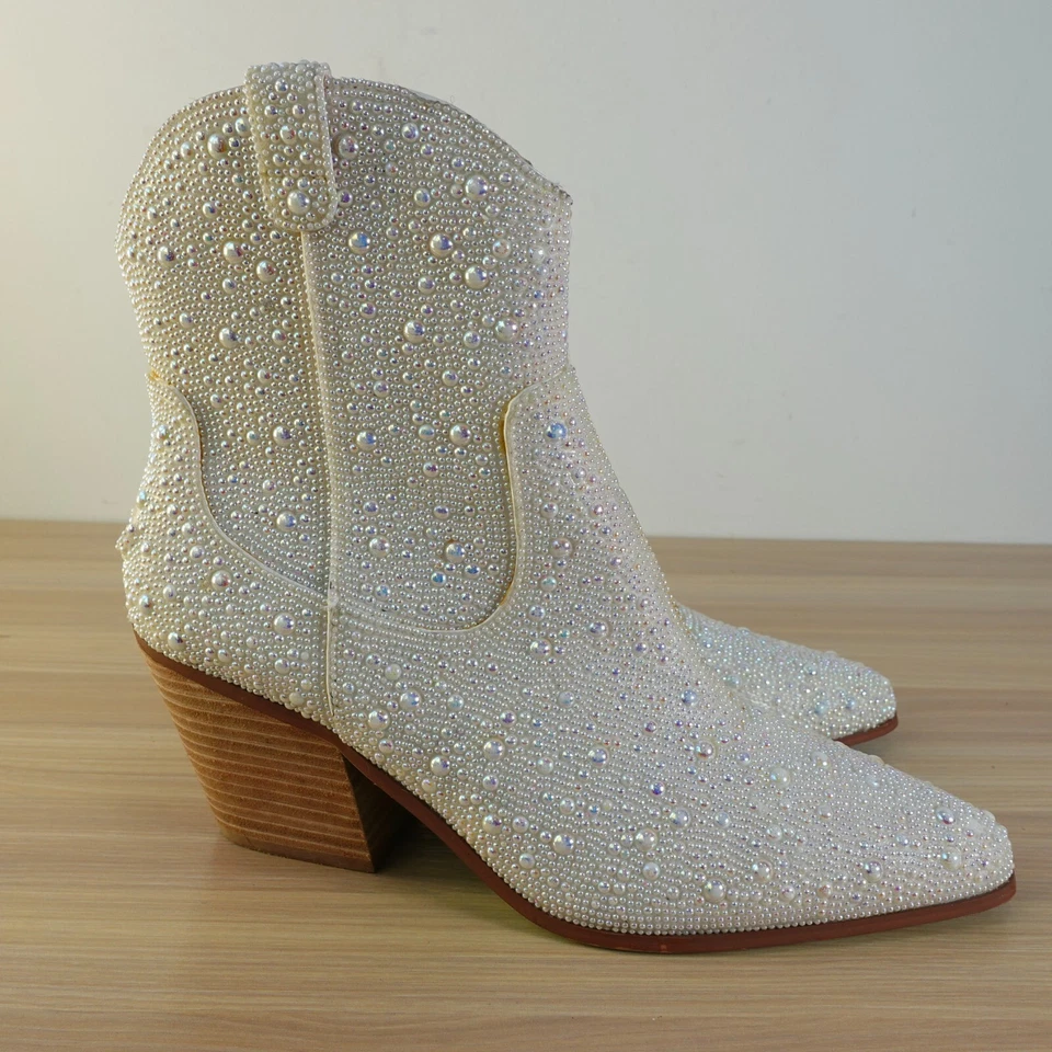 Botas Western Blancas 9 Betsey Johnson Zapatos Mujer Botín Perlas Punta SB Diva Foto 4 de 4