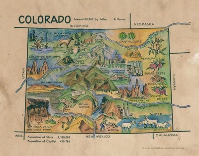 154 Kids map Colorado vintage historic antique map painting poster print