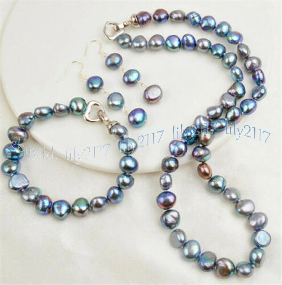 Natural 8-9mm Black Freshwater Baroque Pearl Necklace 18'' Bracelet Earrings Set - Image 2 of 3