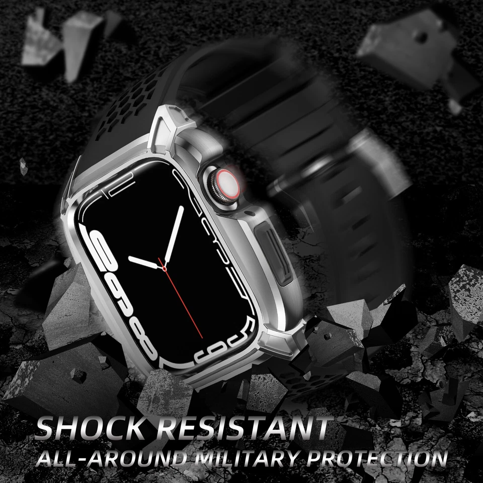 Para Apple Watch 9/8/7/6/5/4/SE 44/45mm Caja de Acero Inoxidable Banda de Goma Mod Kit Foto 2 de 4