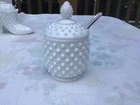 VINTAGE FENTON MILK GLASS HOBNAIL MUSTARD JAM JELLY MAYO SUGAR JAR WITH Spoon