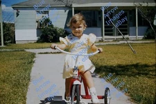 1950s 35mm Red Border Slide AMF Junior Tricycle Girl Sidewalk Home #3796
