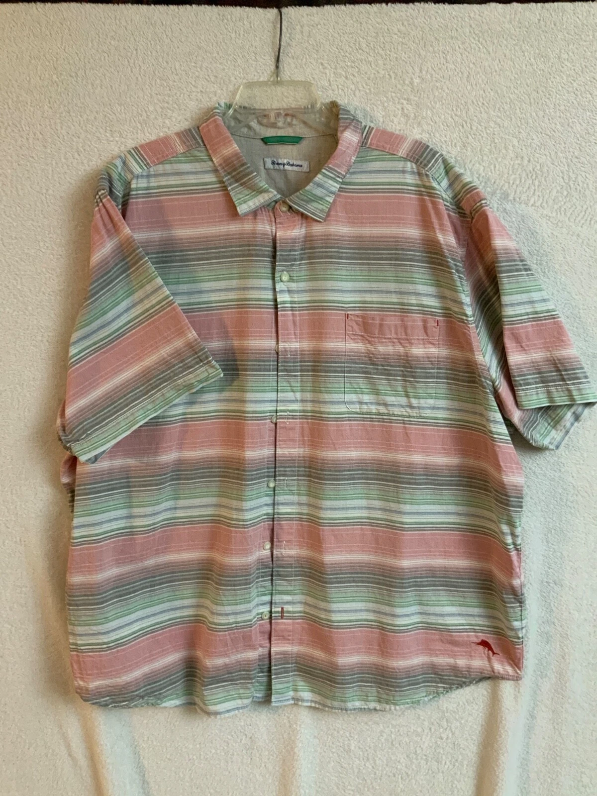 Tommy Bahama Beach Shirt 3XL Short Sleeve Pink Green Stripe Print Cotton