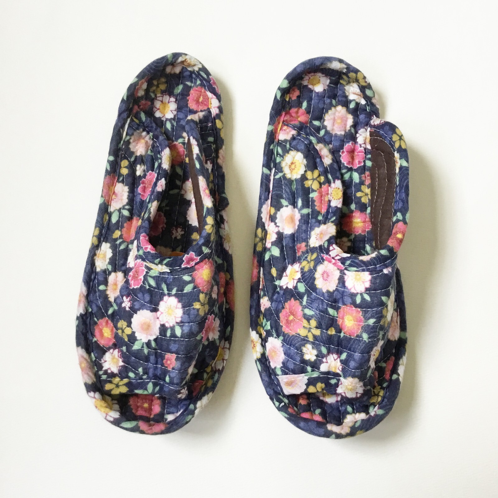 Blue & Pink Floral Quilted Cloth House Soft Flat Slippers House Shoes-image