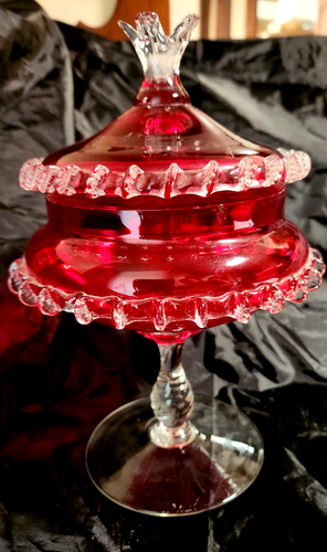 rare VINTAGE MURANO Italian ART Glass Lidded RED Candy Compote RIGAREE EDGE - Picture 4 of 7