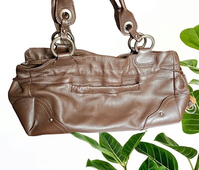Perlina Shoulder Bag Brown Leather Large Satchel Purse Sliver Hardware 