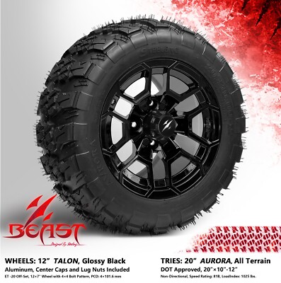 GOLF CART 12'' BLACK 'TALON' WHEELS and 20'' AURORA HYBRID ALL-TERRAIN DOT TIRES