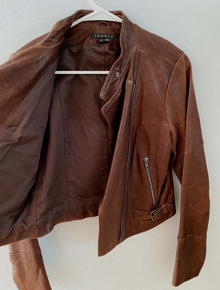Theory Moto Lamb Leather Jacket Brown Lined Assymetrical Zipper Women's Size M - Image 3 of 4