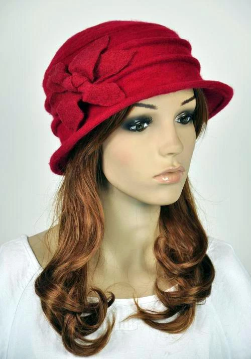 100% Lana Elegante Dama Mujeres Cálido Vestido Sombrero Gorro Gorra 6 Hojas Flor Rojo Foto 3 de 3