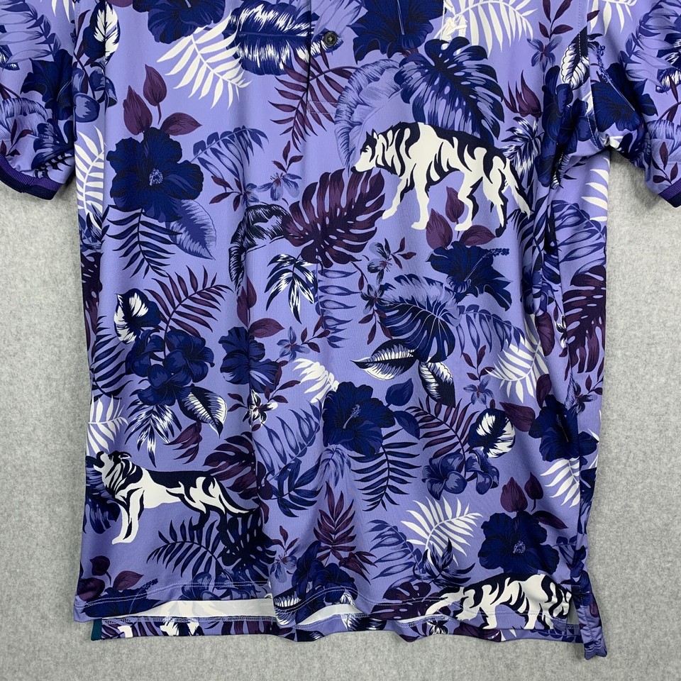 Greyson Polo Shirt Mens Large Blue Purple Floral Wolf Jungle Print Golf