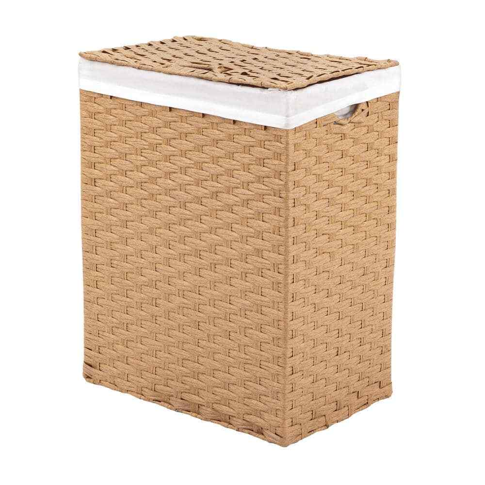 Lidded Rectangular Tan Collapsible Plastic Wicker Laundry Hamper Basket with Was