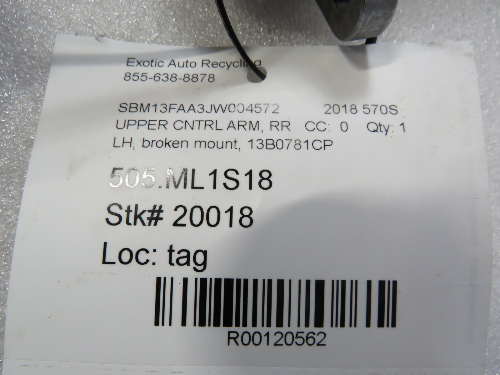 McLaren 570S, LH, Left Rear Upper Control Arm, Used, Broken Mount, P/N 13B0781CP