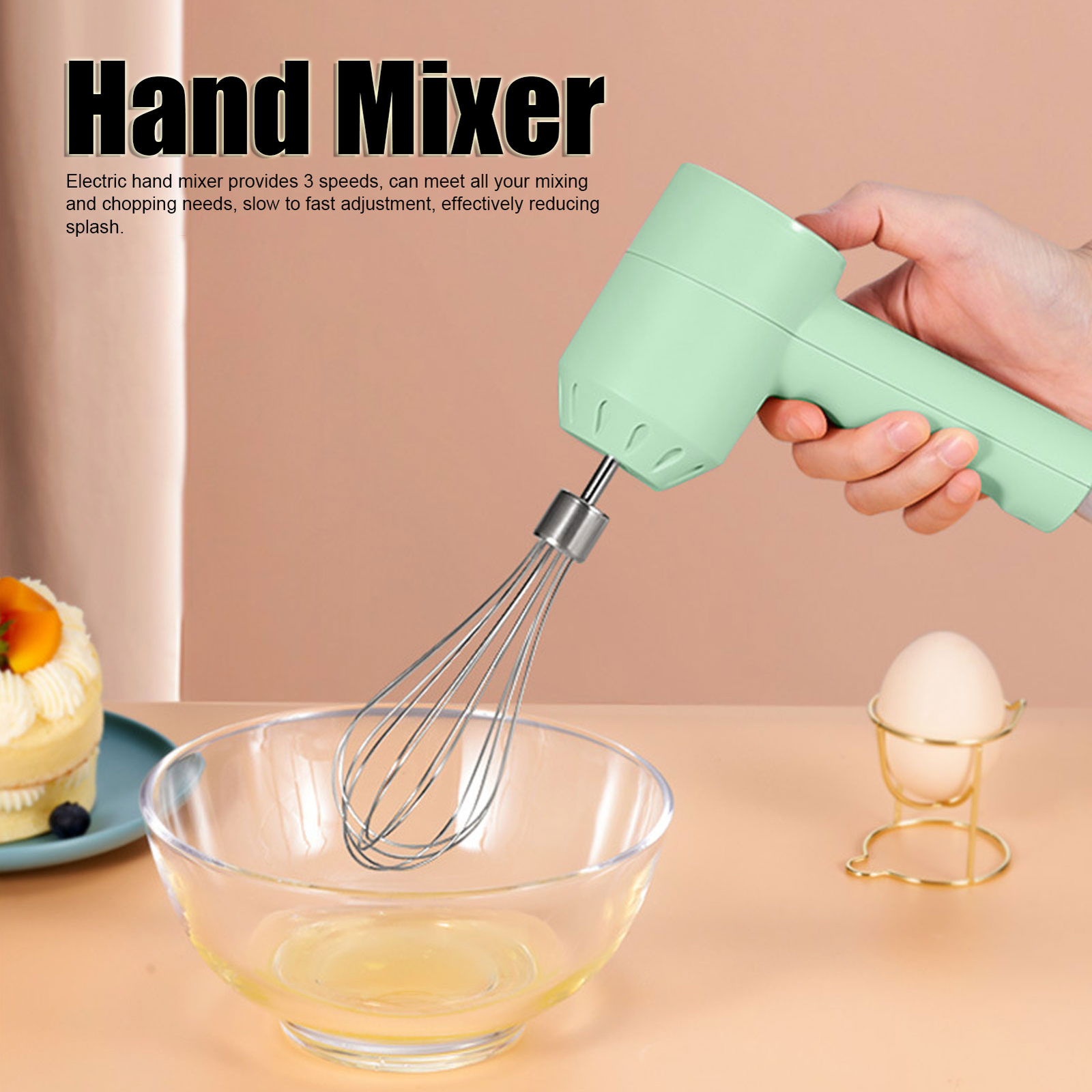 (Green)Electric Hand Mixer USB Rechargeable 3Speed Electric Egg Beater