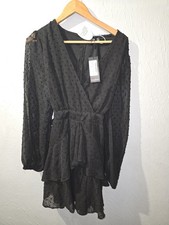 Size 16 Boohoo Ruffle Hem Dobby Chiffon Mini Dress, Black