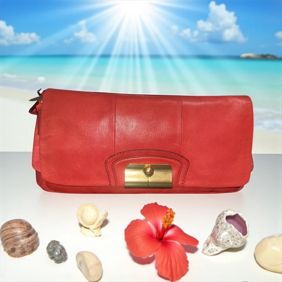 蔻驰 Kristin 大号手拿包 14213 三文鱼粉色皮革黄铜扣手提包 + 标签 — 第 3/4 张图片