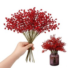 Artificial Red Berry Stems Holly Picks Christmas Decor 8 Pack