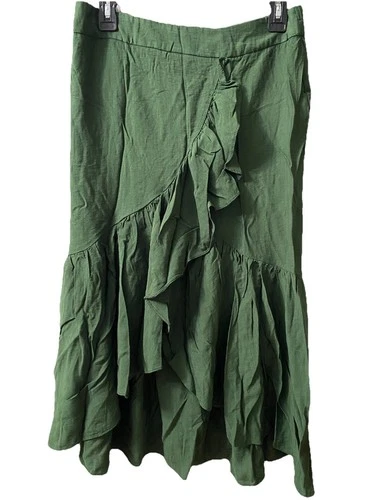 Emerson Lang Womens Skirt Asymmetrical Tiered High Low Ruffle Midi Dark Green XL
