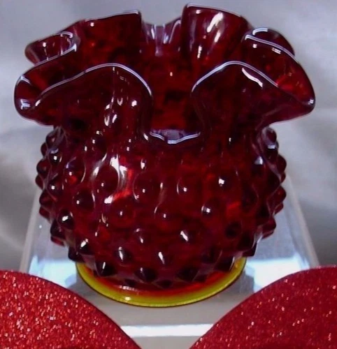 FENTON"MINT~3"MINIATURE"70's"RUBY RED"HOBNAIL"ROSE BOWL/VASE~VINTAGE GLASS