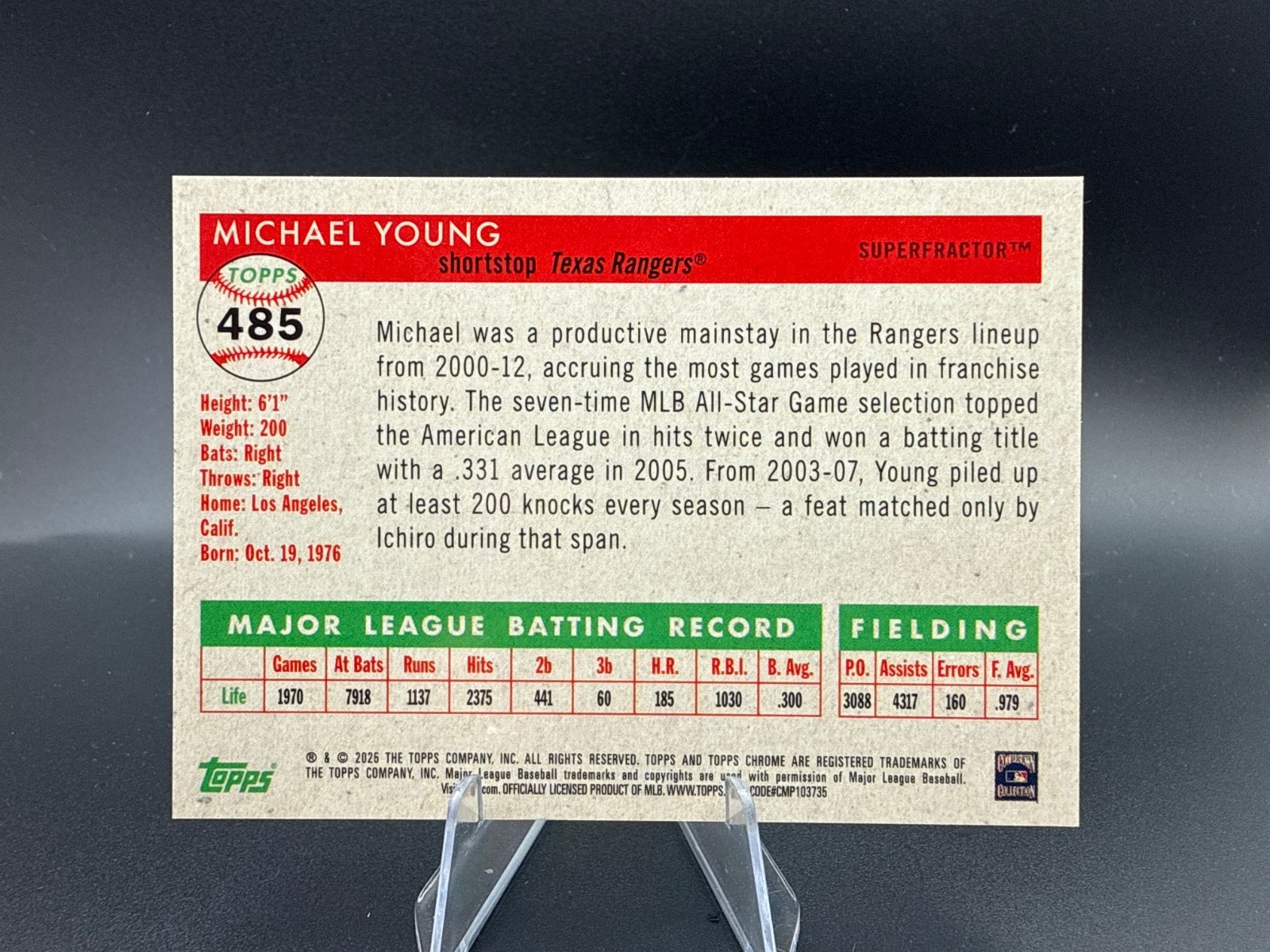 2025 Topps Chrome Platinum Anniversary Michael Young Gold Superfractor 1/1 Texas view 2