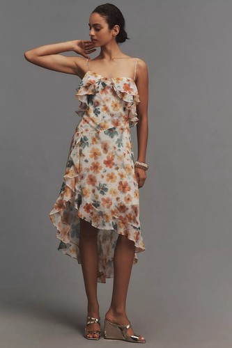 Anthropologie Floral Sleeveless Asymmetric Ruffled Midi Dress 9H412 Size SMALL