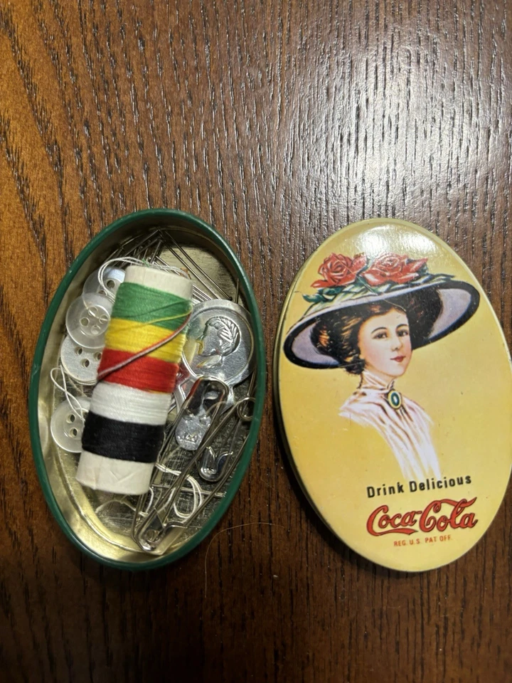 Coca-Cola Vintage Travel Tin Sewing Kit Yellow Oval Box with Graphic Print - Image 2 of 3
