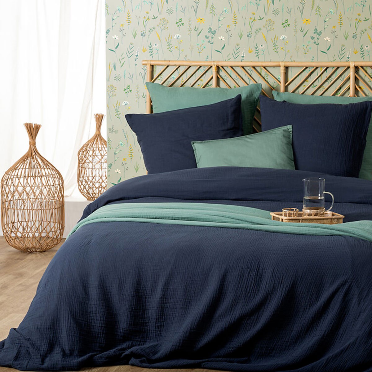 Linge de lit 3 pièces Flora bleu gris housse de couette 240x220cm lit deux personnes
