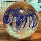 Vintage Murano Art Glass Paperweight Blue White Gold Fountain Flower Bubbles