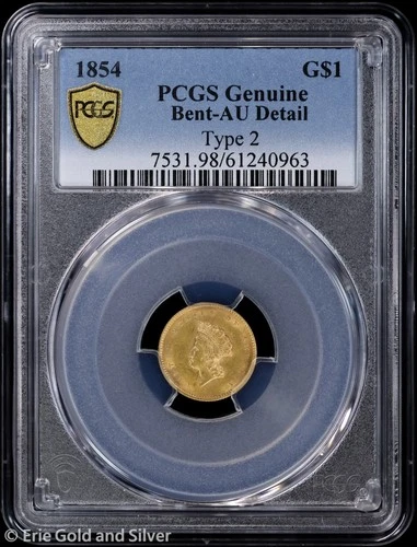 1854 $1 Type 2 Indian Princess Head Gold Dollar PCGS Genuine AU Detail