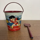VINTAGE TIN LITHO OHIO ART METAL TOY BEACH SAND PAIL & SHOVEL CHILDREN PLAYING