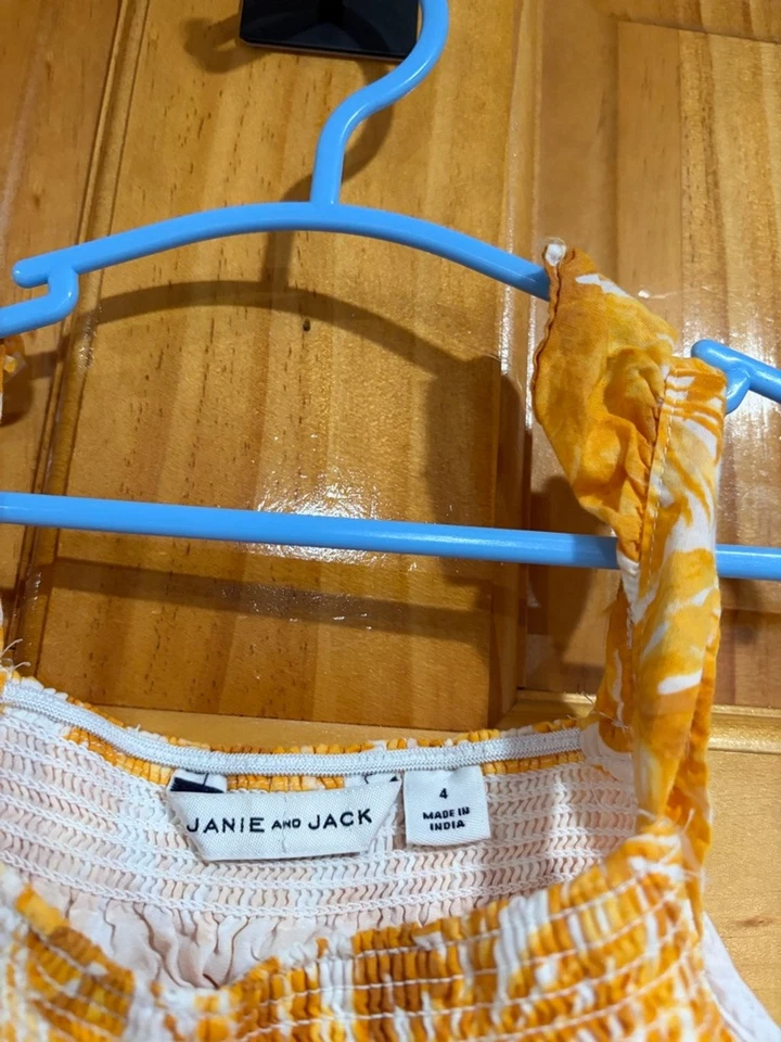 Janie & Jack Girls 4 Tropical Leaf Print Smocked Romper Yellow White Cotton Summ - Image 2 of 4