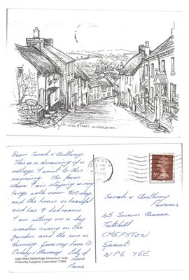 Postkarte - Hatherleigh Devon High Street Feder- und Tuschezeichnung 1996 POSTED