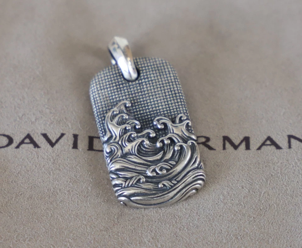 David Yurman Men's Sterling Silver 35mm Waves Dog Tag Pendant - Image 3 of 4